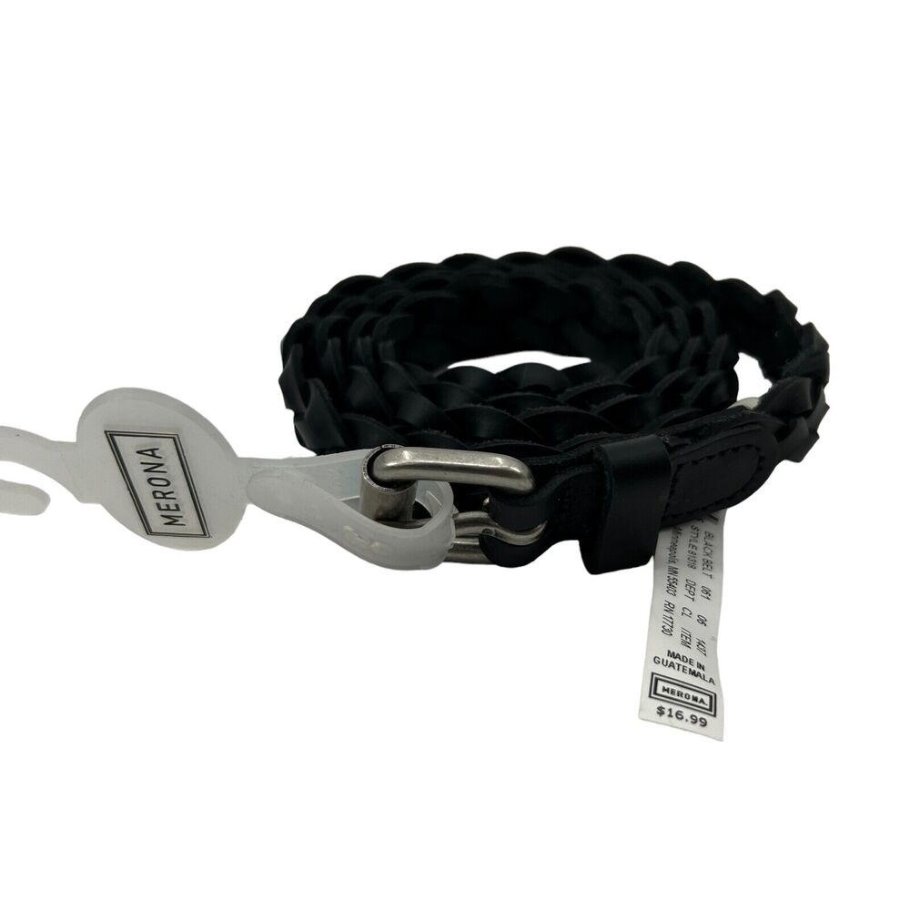 Merona Woven Belt Womens L Large Black Faux Leather 5/8 Inch Wide Casual New
